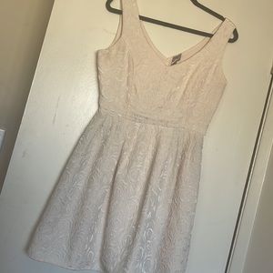 White floral brocade fit and flair dress